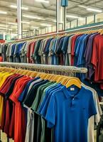 Row of fashionable polo t-shirts for man on wooden hanger or rack in a clothing boutique retail shop concept by AI Generated photo