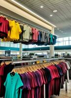 Row of fashionable polo t-shirts for man on wooden hanger or rack in a clothing boutique retail shop concept by AI Generated photo