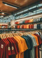 Row of fashionable polo t-shirts for man on wooden hanger or rack in a clothing boutique retail shop concept by AI Generated photo