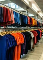 Row of fashionable polo t-shirts for man on wooden hanger or rack in a clothing boutique retail shop concept by AI Generated photo