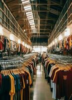 fila de de moda polo camisetas para hombre en de madera percha o estante en un ropa boutique Al por menor tienda concepto por ai generado foto