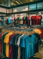 Row of fashionable polo t-shirts for man on wooden hanger or rack in a clothing boutique retail shop concept by AI Generated photo