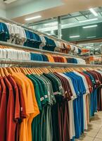 Row of fashionable polo t-shirts for man on wooden hanger or rack in a clothing boutique retail shop concept by AI Generated photo