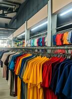 Row of fashionable polo t-shirts for man on wooden hanger or rack in a clothing boutique retail shop concept by AI Generated photo