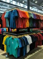 Row of fashionable polo t-shirts for man on wooden hanger or rack in a clothing boutique retail shop concept by AI Generated photo