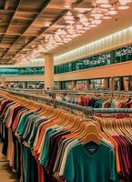 Row of fashionable polo t-shirts for man on wooden hanger or rack in a clothing boutique retail shop concept by AI Generated photo