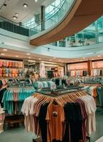 Row of fashionable polo t-shirts for man on wooden hanger or rack in a clothing boutique retail shop concept by AI Generated photo