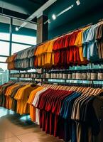 Row of fashionable polo t-shirts for man on wooden hanger or rack in a clothing boutique retail shop concept by AI Generated photo