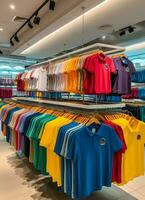 fila de de moda polo camisetas para hombre en de madera percha o estante en un ropa boutique Al por menor tienda concepto por ai generado foto