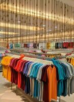 Row of fashionable polo t-shirts for man on wooden hanger or rack in a clothing boutique retail shop concept by AI Generated photo