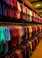 fila de de moda polo camisetas para hombre en de madera percha o estante en un ropa boutique Al por menor tienda concepto por ai generado foto