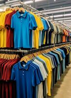 Row of fashionable polo t-shirts for man on wooden hanger or rack in a clothing boutique retail shop concept by AI Generated photo