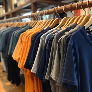 fila de de moda polo camisetas para hombre en de madera percha o estante en un ropa boutique Al por menor tienda concepto por ai generado foto