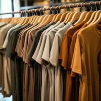 Row of fashionable polo t-shirts for man on wooden hanger or rack in a clothing boutique retail shop concept by AI Generated photo