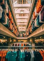 Row of fashionable polo t-shirts for man on wooden hanger or rack in a clothing boutique retail shop concept by AI Generated photo