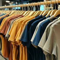 Row of fashionable polo t-shirts for man on wooden hanger or rack in a clothing boutique retail shop concept by AI Generated photo