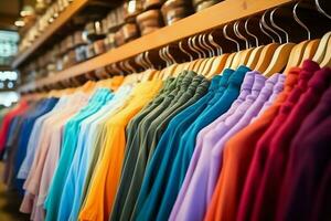 Row of fashionable polo t-shirts for man on wooden hanger or rack in a clothing boutique retail shop concept by AI Generated photo