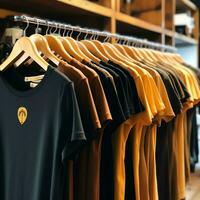 Row of fashionable polo t-shirts for man on wooden hanger or rack in a clothing boutique retail shop concept by AI Generated photo