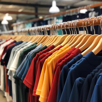 fila de de moda polo camisetas para hombre en de madera percha o estante en un ropa boutique Al por menor tienda concepto por ai generado foto