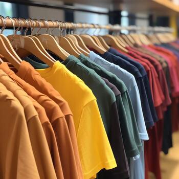 fila de de moda polo camisetas para hombre en de madera percha o estante en un ropa boutique Al por menor tienda concepto por ai generado foto