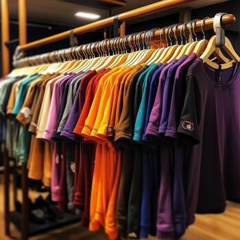 fila de de moda polo camisetas para hombre en de madera percha o estante en un ropa boutique Al por menor tienda concepto por ai generado foto