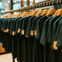 Row of fashionable polo t-shirts for man on wooden hanger or rack in a clothing boutique retail shop concept by AI Generated photo