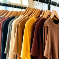 Row of fashionable polo t-shirts for man on wooden hanger or rack in a clothing boutique retail shop concept by AI Generated photo