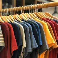 Row of fashionable polo t-shirts for man on wooden hanger or rack in a clothing boutique retail shop concept by AI Generated photo