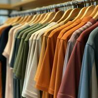 Row of fashionable polo t-shirts for man on wooden hanger or rack in a clothing boutique retail shop concept by AI Generated photo