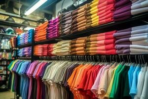 Row of fashionable polo t-shirts for man on wooden hanger or rack in a clothing boutique retail shop concept by AI Generated photo