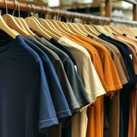 Row of fashionable polo t-shirts for man on wooden hanger or rack in a clothing boutique retail shop concept by AI Generated photo