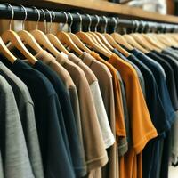 Row of fashionable polo t-shirts for man on wooden hanger or rack in a clothing boutique retail shop concept by AI Generated photo