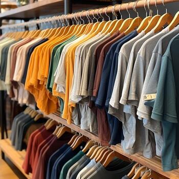 fila de de moda polo camisetas para hombre en de madera percha o estante en un ropa boutique Al por menor tienda concepto por ai generado foto