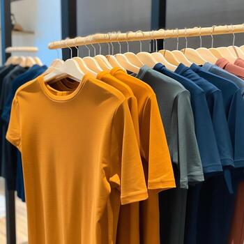 fila de de moda polo camisetas para hombre en de madera percha o estante en un ropa boutique Al por menor tienda concepto por ai generado foto