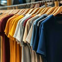 Row of fashionable polo t-shirts for man on wooden hanger or rack in a clothing boutique retail shop concept by AI Generated photo