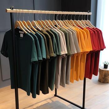 fila de de moda polo camisetas para hombre en de madera percha o estante en un ropa boutique Al por menor tienda concepto por ai generado foto