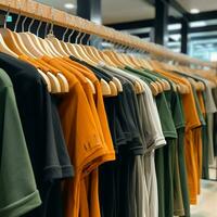 Row of fashionable polo t-shirts for man on wooden hanger or rack in a clothing boutique retail shop concept by AI Generated photo