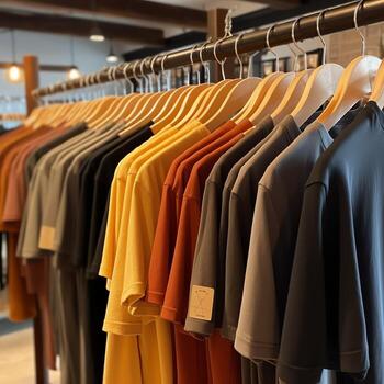 fila de de moda polo camisetas para hombre en de madera percha o estante en un ropa boutique Al por menor tienda concepto por ai generado foto