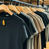 Row of fashionable polo t-shirts for man on wooden hanger or rack in a clothing boutique retail shop concept by AI Generated photo