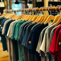 Row of fashionable polo t-shirts for man on wooden hanger or rack in a clothing boutique retail shop concept by AI Generated photo