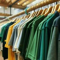 fila de de moda polo camisetas para hombre en de madera percha o estante en un ropa boutique Al por menor tienda concepto por ai generado foto