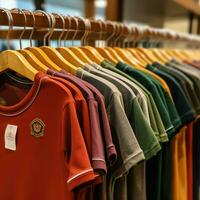 Row of fashionable polo t-shirts for man on wooden hanger or rack in a clothing boutique retail shop concept by AI Generated photo