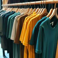 Row of fashionable polo t-shirts for man on wooden hanger or rack in a clothing boutique retail shop concept by AI Generated photo