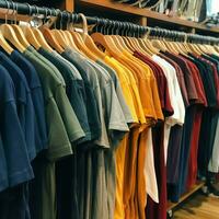 Row of fashionable polo t-shirts for man on wooden hanger or rack in a clothing boutique retail shop concept by AI Generated photo