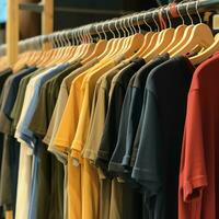 Row of fashionable polo t-shirts for man on wooden hanger or rack in a clothing boutique retail shop concept by AI Generated photo