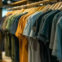 Row of fashionable polo t-shirts for man on wooden hanger or rack in a clothing boutique retail shop concept by AI Generated photo