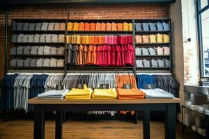 Row of fashionable polo t-shirts for man on wooden hanger or rack in a clothing boutique retail shop concept by AI Generated photo