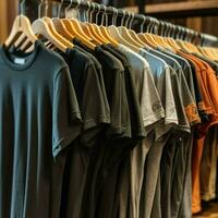 Row of fashionable polo t-shirts for man on wooden hanger or rack in a clothing boutique retail shop concept by AI Generated photo