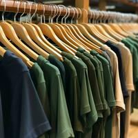 Row of fashionable polo t-shirts for man on wooden hanger or rack in a clothing boutique retail shop concept by AI Generated photo