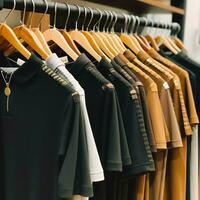 Row of fashionable polo t-shirts for man on wooden hanger or rack in a clothing boutique retail shop concept by AI Generated photo